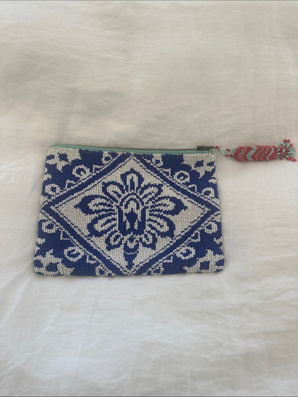 Jasper & Jeera; Blue & White Beaded Wristlet Clutch